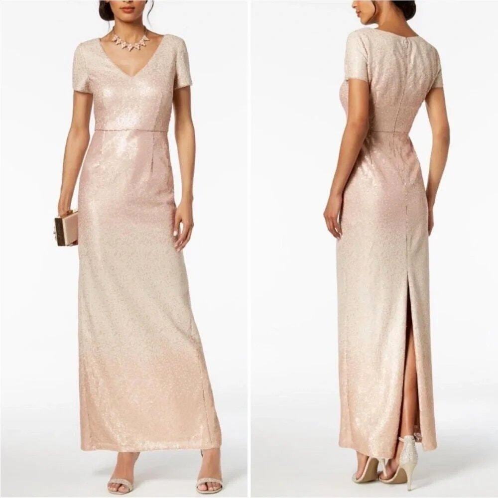 Adrianna Papell 6 Ombré Sequin Column V Neck Formal Evening Maxi Gown in Blush